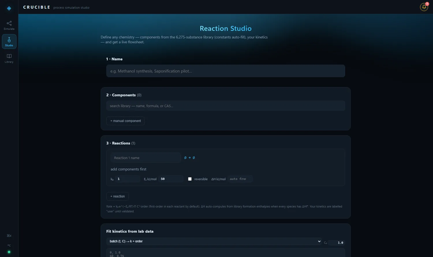 Reaction Studio: define components, reactions and kinetics